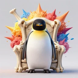 anthropomorphic emperor penguin with a human characteristics rules the world from a throne of bones, digital art, fantasy, explosion of color, no cropping, highly detailed, in the style of jake parker, in the style of conrad roset, swirly vibrant colors, sharp focus