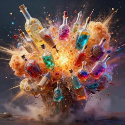 colorful magic potions busting open causing an explosion, 8 k octane beautifully detailed render, post - processing, extremely hyper - detailed, intricate, epic composition, cinematic lighting, masterpiece, trending on artstation, masterpiece, stunning art by anders zorn, wonderful masterpiece by greg rutkowski, beautiful cinematic