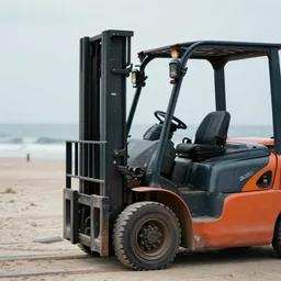 photo of a forklift on the beach, cinema style, sharp forcus, depth of field, 4 k, photo lense