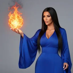 Who : a mage with a blue robe casting a fire ball; Physical : Kim Kardashian exact same body, but random face and hair ; IMPORTANT : Hearthstone official splash art, award winning, trending in category \'hyperdetailed\'