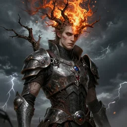 portrait of beautiful gothic and futuristic young man, more thunderstorm, cyber armor, a lot of scars, branches from a tree, firestorm head, the middle ages, highly detailed, artstation, illustration, art by jean delville, 8 k quality, art by greg gandy and dragan bibin