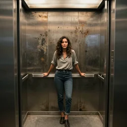 a woman in the dirty elevator, stained metal wall, elevator panels, highly detailed, still shot from movie, wide shot