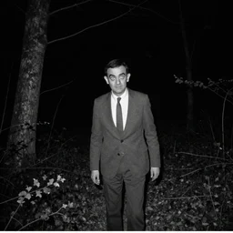 mr bean ( rowan atkinson ) spotted on forest trailcam at night, grainy black and white footage, scary, horror, creepy, dark, glowing eyes