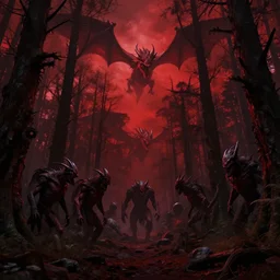 a landscape of a forest in hell,demons hiding behind the trees red and black sky, dragons and monsters flying, hyper detail, digital art,high quality, trending on ArtStation,marsterpiece, —ar 16:9