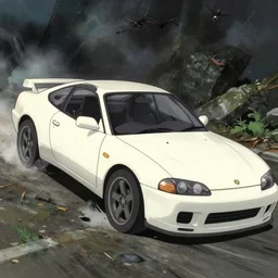 a white fast car crash, horror scene, dramatic, anime art, Greg Rutkowski, studio ghibli, dramatic lighting