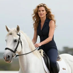 a woman resembling olivia newton - john riding a unicorn. sharp colour photograph. soft lighting. depth of field. trending on artstation.