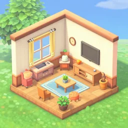 isometric render of a house interior in animal crossing : new horizons