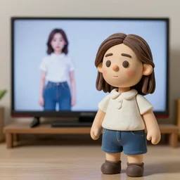A clay monster is standing in front of TV and making a head by copying female model's appearance in the TV screen which shows her standing image, highly detailed,