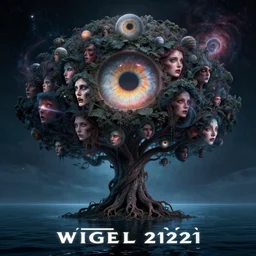 a god tree from which planets or galaxies hang instead of futas, the tree is on top of a calm sea, in the background there is an eye whose iris coincides with the tree. fantasy art, horror, nightmare, photo realistic, dynamic lighting, artstation, poster, volumetric lighting, very detailed faces, 4 k, award winning