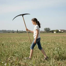 A girl walks across the field with a scythe