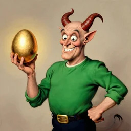 demonic helminth man wearing green shirt brandishing an golden egg guillem h. pongiluppi norman rockwell