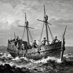 A wooden ship wreck muscular sailors waves swell black and white Renaissances painting by George Romney