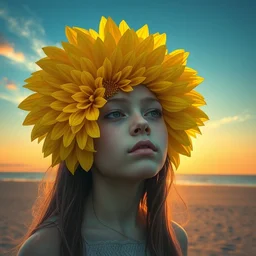 closeup girl with huge yellow dahlia flower face, on beach, surreal photography, blue sky, sunrise, dramatic light, impressionist painting, digital painting, artstation, simon stalenhag