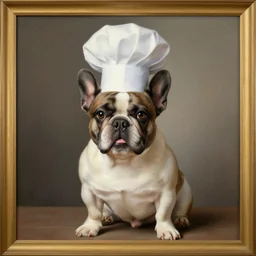 french bulldog chef, realistic rococo painting