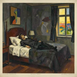 1920s art deco by Tito Corbella, moody, a lonely figure enshrouded in an abstract representation of their own bedroom, figurative art by Mark Tennant by Igor Scherbakov by Anthony Cudahy, vintage postcard illustration by Mitchell Hooks