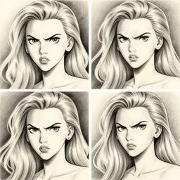 3 panels of scarlett johansson with angry expression in the little mermaid cartoon, dramatic lighting, anime style, pencil and ink manga drawing,