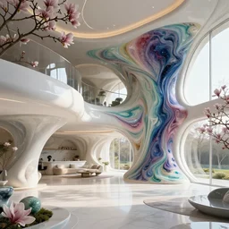 futuristic sharp focus biophilic villa interior, highly detailed, cinematic morning light, magnolia flowers ceramic porcelain stone nebula fluid colorful architecture landscape, furniture, granite, trees, marble, moss, lichen, fungi, vincent callebaut composition, mamou - mani, cinematic morning light, 8 k, unreal engine, uhd