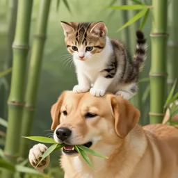 A kitten sitting on top of a dog eating bamboo, trending on artstation 4k