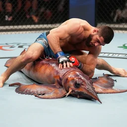 khabib nurmagomedov grappling a giant squid until it is unconscious