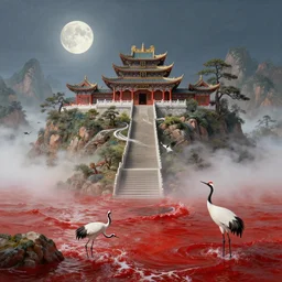 a gorgeous landscape painting by barlowe wayne maxfield parrish and marco mazzoni. just one moon!! chinese temple. he winding steps. three cranes. ultra clear detailed. 3 d, octane render. turbulent blood lake. fog