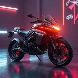wide shot angle, concept art of futuristic mortorcycle with neon light, cyberpunk aesthetic, capable to flight, navigator gear, ultra realistic, ultra detailed, volumetric light, unreal engine, 8 k