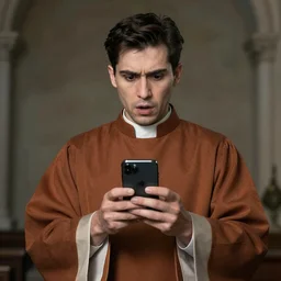 a scared priest holding an iphone