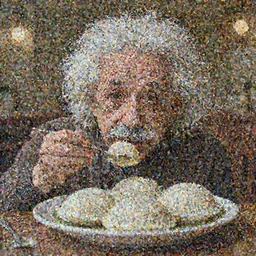 A photo of Albert Einstein eating from a plate of Idli , highly detailed, trending on artstation, bokeh, 90mm, f/1.4
