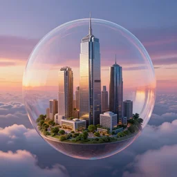miniature skyscraper inside a bubble, floating on clouds, realistic 3 d render, unreal engine, gardens, ecofuturism, solarpunk, maya, 8 k, vmax, award winning, trending on artstation, smooth, sharp focus, octane, twilight sunset background