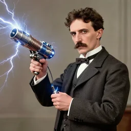 color photograph of Nikola Tesla Nikola Tesla holding a futuristic tesla gun with lightning, futuristic, tesla coil, futuristic weapon, dynamic lightning, 4k, hyper realistic, modern photograph, digital art