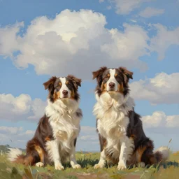 two australian shepherds, person sitting, clouds in sky, impressionist painting, digital painting, artstation, rob gonsalves