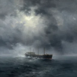 a lonely ship drifting amongst the clouds , fog and heavy storm concept art in style of Ivan Aivazovsky