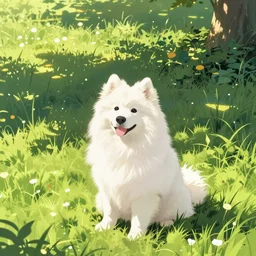 a samoyed dog sitting in the middle of sunny meadow, by Rumiko Takahashi