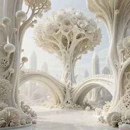 beautiful porcelain ivory scifi futuristic city architectural landscape, biophilic, arches, bridges, vincent callebaut composition, mamou - mani, iris van herpin, elegant lace haute couture stone trees, minimalist, porcelain magnolia fluid fractal nebula, rhizomorph, soldier lichen, soft light, puffballs, brackets lichen, 8 k,