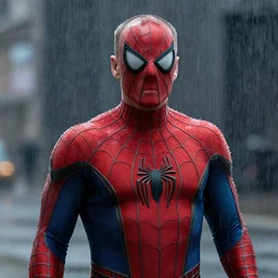bruce willis as unmask spiderman, rain background, an film still