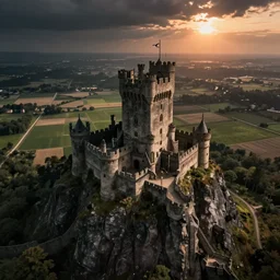 Castle on the edge of a cliff with a lot of fields outside the caste. walls, dystopia, dark atmosphere, sunset, bird's-eye view, high detail