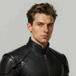 Portrait of a man by Greg Rutkowski, he is about 30 years old, mixture between russian and German, coiffed brown hair, attractive, smart looking, he is wearing a black futuristic lawyer outfit, highly detailed portrait, scifi, digital painting, artstation, concept art, smooth, sharp foccus ilustration, Artstation HQ