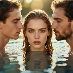 close up photography of a beautiful woman surrounded by water byanka zhuravleva and ary scheffer. jean james and marco mazzoni. vogue. kodak portra. bokeh!. golden hour. detailed. hq. realistic. vibrant. lens flare. canon eos r 3, 8 k, raw, symmetrical balance, in - frame