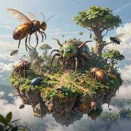 an intricate concept art illustration of a fantasy undergrowth floating island with large insect megafauna biomes, ultra photorealistic, artstation, cgsociety, global illumination, pinterest, digital art, hyper detail, style feng zhu and artgerm, hyperrealistic octane render, 8 k