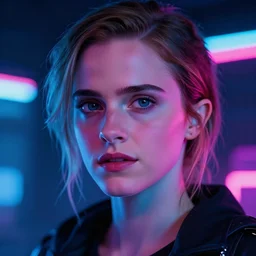 portrait of ema watson, cyberpunk, close up, neon portrait, low light, neon photography, by brandon woelfel, highly detailed, 4 k