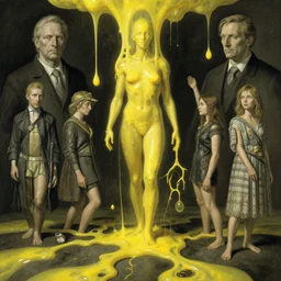 human mitosis by gil elvgren and norman rockwell and michal karcz and magali villeneuve and gerald brom and greg rutkowski, chiaroscuro!!, solarpunk!, opaque yellow liquid, floating, tendrils, ooze, hyperrealism, surrealism