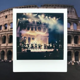 The beatles concert in ancient rome, polaroid color photo