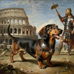 Dachshund dog conquering the Roman Empire, renaissance painting, masterpiece, hyper realistic, detailed,”