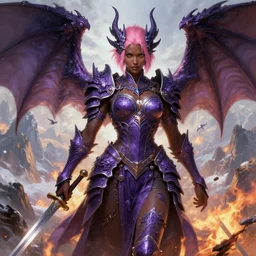 full portrait, solo character!, an alluring dragon hunter, female, intricate purple armor, dragon themed, d - cup, ornamental, sprouting wings, dark brown skin, short pink hair, swords, battle pose, a background composed of mountains and fire and snow and flying small creatures behind!!, boudoir!, epic, highly detailed, extremely detailed face!, high fantasy, digital painting, by artgerm and greg rutkowski and alphonse mucha, artstation
