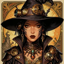 a detailed portrait illustration of a steampunk witch - doctor. beautiful asian female face, dark skin. tribal aesthetic. art nouveau, pop art, comic book style. influenced by neil gaiman, h. p. lovecraft, dan mumford, brian froud, vadim voitekhovitch, cutesexyrobutts, ross tran.