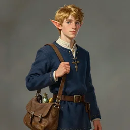 8k a young curious handsome male wood elf scholarly adventurer wearing a navy blue student's tunic carrying a satchel of arcane supplies, by Raymond Swanland Greg Rutkowski Lise Deharm, intricate, masterpiece, sharp, digital art, ArtStation, CGStation, 4k