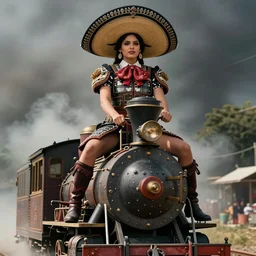 vertical movie frame with mexican female riding on top of the steam punk train, provocative, armor inspired by ancient japan and fashion, symmetrical face, epic, perfect body, award winning, establishing shot, extremely high detail, photorealistic, octane render