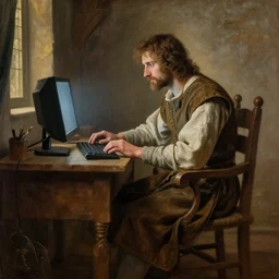 medieval renaissance romance style painting of a peasant sitting at a desk using a personal computer
