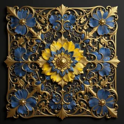 beautiful black blue yellow, complicated gold and blue flowers in baroque style decoration, dark fantasy, intricate, elegant, highly detailed, digital painting, artstation, concept art, matte, 3 d 8 k octane rendered, sharp focus, illustration, octane rendered, art by artgerm and alphonse mucha, leesha hannigan