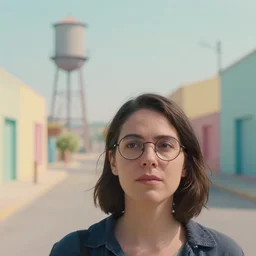 cinematic mid shot of a woman's face looking off camera, with round glasses. she stands in an empty, pastel colourful 3 d minimalist, street scene with water tower, by jeffrey smart and gregory crewdson and edward hopper