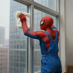 spider - man in overalls washes the window of a high skyscraper with a rag, household scene, realistic light, soft light, focus, depth of field, photorealism, 8 k quality, high quality, realistic style, old painting, classicism painting